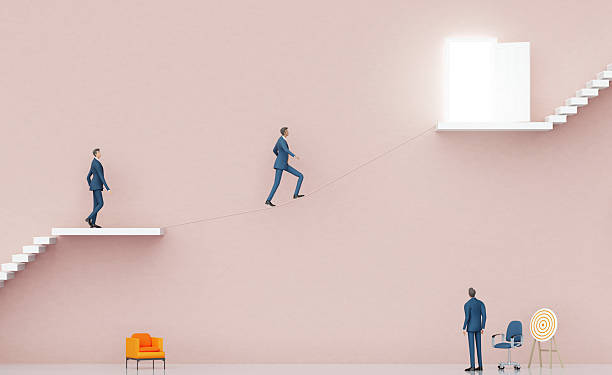 istock Man Walking on Tightrope between skyscrapers in Abstract Space – 3D Rendering of Risk, achievement and Balance 2223059729