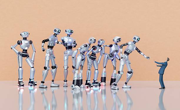 istock Robots are threatening the man. Human-AI Interaction: The Future of Workplace Collaboration. 3d render 2223059892