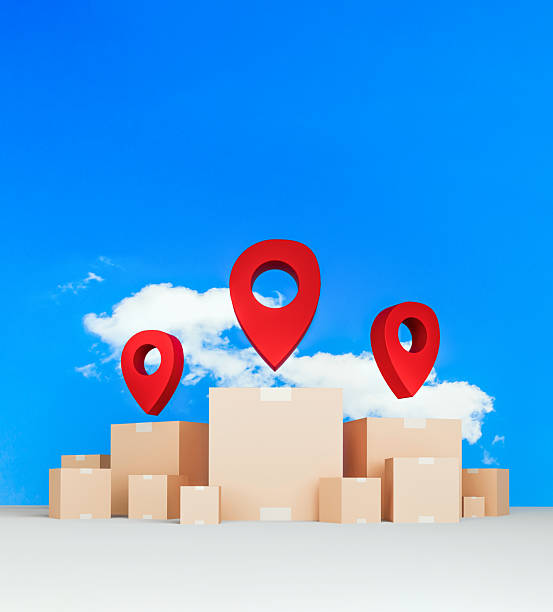 istock Global logistics and delivery tracking with cardboard boxes and location pins 2223064071