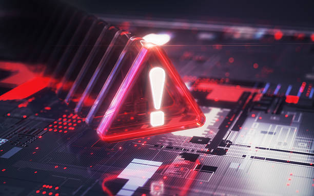 istock Hazard Warning Sign Sequential Glowing Red White Glass Hazard Warning Sign on Digital Background 2223068749