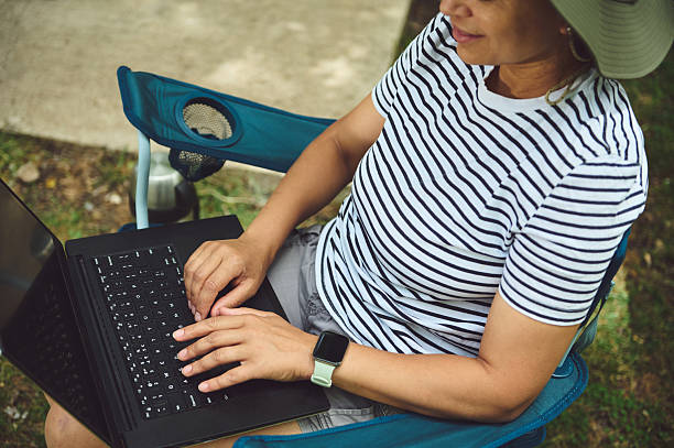 istock Woman Using Laptop Outdoors While Relaxing in a Camping Chair 2223069659