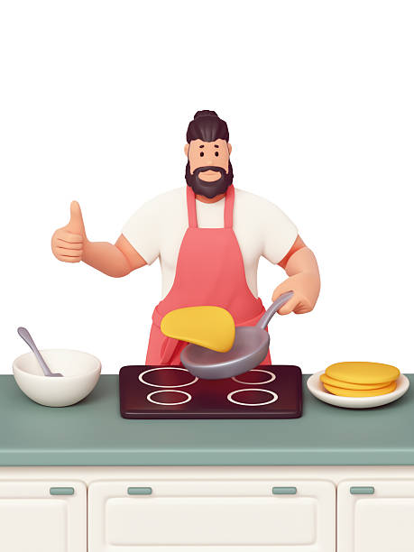 3d render portrait of young casual funny cute handsome smiling bearded man in t-shirt, red apron showing thumb up happily cooking pancakes for family in kitchen at home in morning on white background.