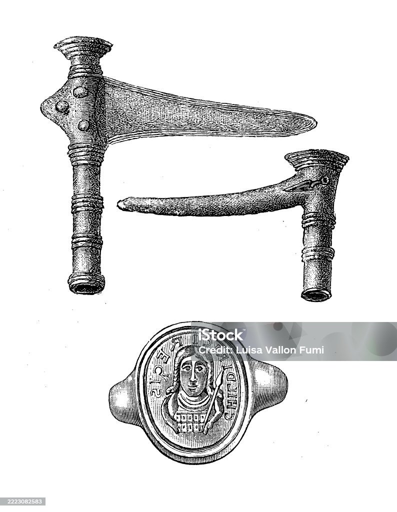 Childeric I royal golden signet ring and staff handles, vintage engraving - Ilustración de stock de Alemania libre de derechos Childeric I royal golden signet ring and staff handles, vintage engraving - Ilustración de stock de Alemania libre de derechos