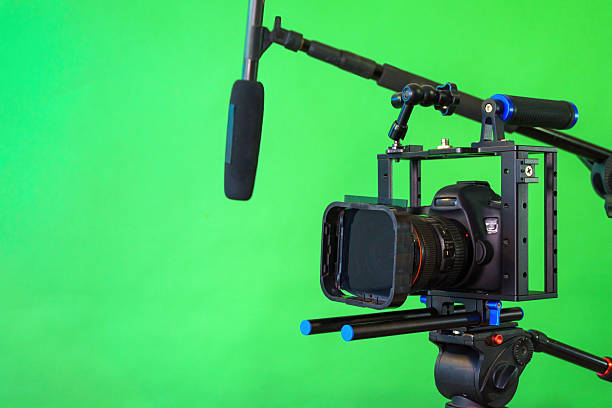istock Professional dslr camera recording video with shotgun microphone on green screen background 2223082741