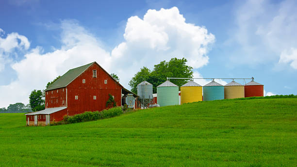 istock Old weathered barn with colored silos-Clinton County, Indiana 2223083245
