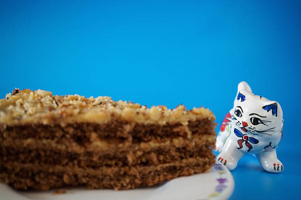 A ceramic cat figurine and a piece of cake.