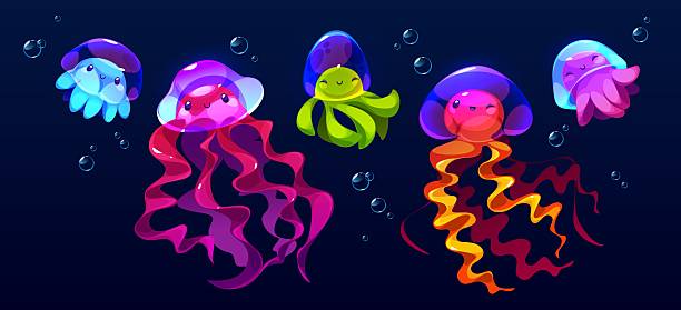 istock Cute cartoon jellyfish characters swim underwater 2223091341