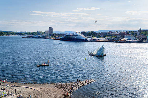 View of seaport from above with sailing boats in Oslo, Norway. Modern capital Scandinavian city.
