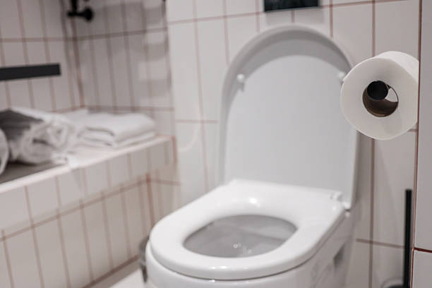 istock Clean modern hotel toilet with white ceramic bowl, open seat, wall-mounted paper roll and tiled background, conveying hygiene, comfort and minimalist bathroom design 2223100908