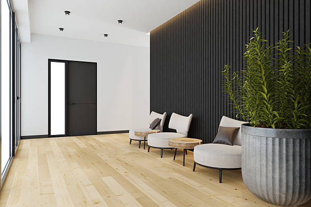 istock Modern Scandinavian Entrance Hall with Dark Stone Walls and Matte Pine Laminate Parquet Flooring 2223108564