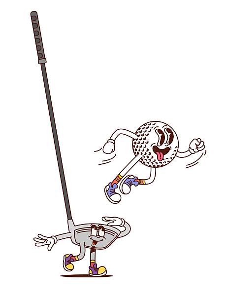 Golf sport club and ball groovy funny character. Sport tournament hippie groovy isolated vector mascot, golf club competition cute funky cartoon personage. Sport game championship cheerful character