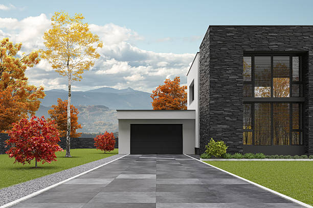 istock Modern Two-Story Villa with Black Slate Stone Facade and Spacious Yard in Autumn 2223117932