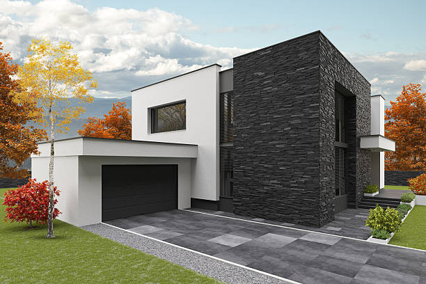 istock Modern Two-Story Villa with Black Slate Stone Facade and Spacious Yard in Autumn 2223117959