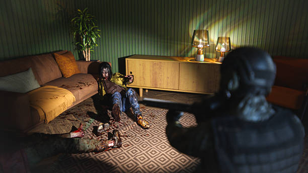 istock Soldier aiming weapon at a zombie 2223121555