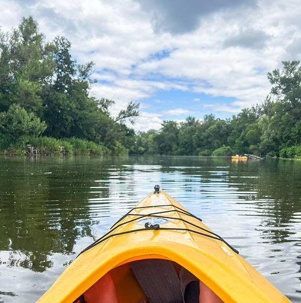 istock Kayaker exploring calm river waters under cloudy sky in yellow kayak 2223121567