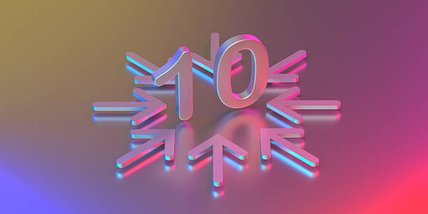 3D rendered, chrome metal number 10 with pointing arrows on reflective metal surface. Blue and red color lights.