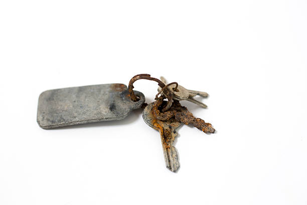 Set of Old Rusty Keys, White Background, Copy Space