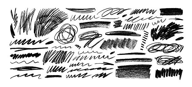 bildbanksillustrationer, clip art samt tecknat material och ikoner med black charcoal pencil curly lines, scribbles and scrawls. crayon drawn lines and scribbles. doodle elements. - pastellmålning