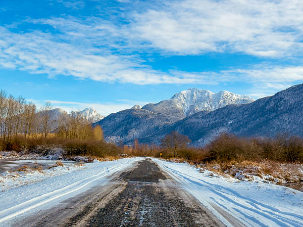 The view of Rannie Rd, Widgeon Peak Widgeon Peak in the distance, Pitt Meadows, BC, Canada