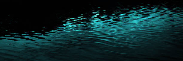 Black dark blue green teal water. Night. Ripples reflection light moonlight. Little waves. Gradient. Abstract. Contrast. Sea surface. Background with space for design. Wide banner. Panoramic.