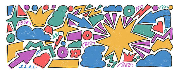istock Abstract geometric shapes crayon drawn set. Clouds, crown, arrows and vector figures by pencil. Colorful playful stickers doodle isolated on white background. Graphic hand drawn funky elements 2223138776