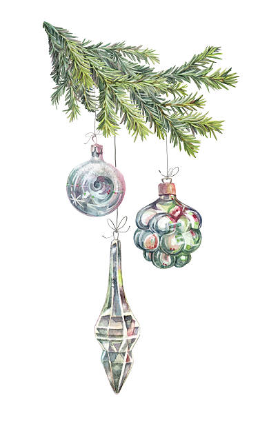istock Watercolor hand-drawn silver shiny decoration ball and icicle with Christmas tree branch isolated on white background. Toy clipart for New Year party celebration. Wallpaper and wrapping or sketchbook 2223141024