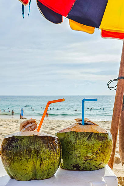 istock coconuts with straws on the table. Two fresh coconuts with straws on a table on the beach. Romance and coconut water 2223145683