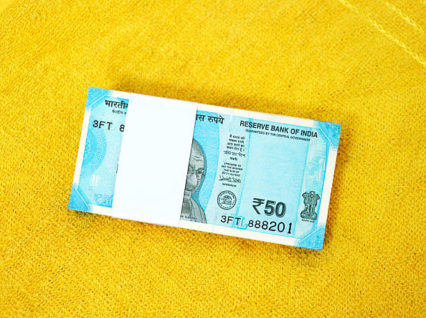 Top view of Indian Currency 50 Rupee Note Bundle