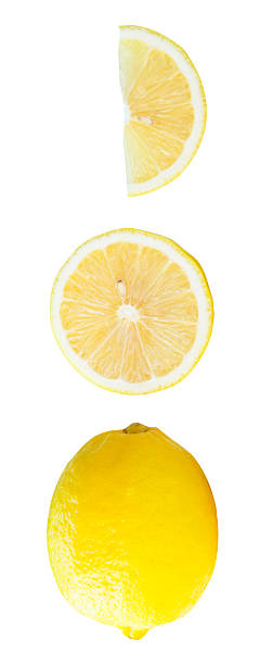 Top view set of fresh ripe yellow lemon fruit with half and slice or quarter isolated on white background with clipping path