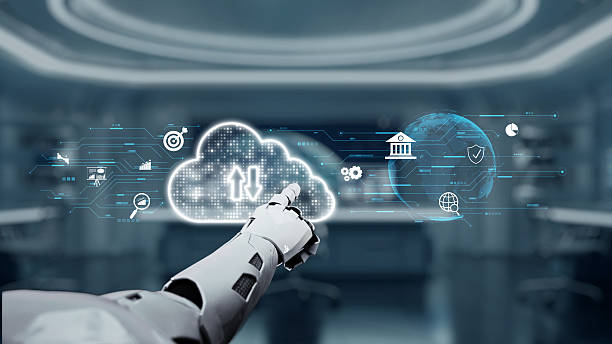 istock Futuristic robotic hand interacting with digital cloud technology and data exchange icons in a high-tech environment for innovation and automation concepts. Auvana 2223156002