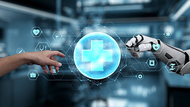 istock Robot and human reach hand and point finger with cross icon float. Salubrious. 2223156161
