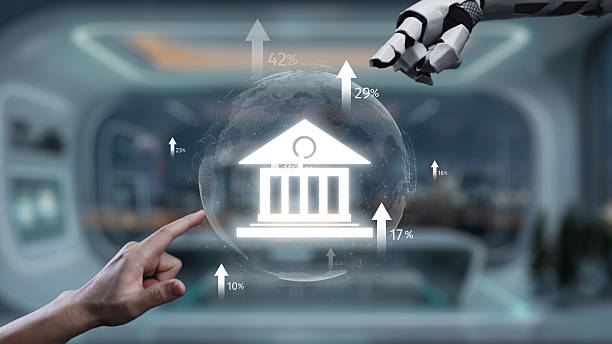 istock Futuristic interface showcasing digital bank concept with robotic hand interacting, growth percentages, and modern technology in background.. Auvana 2223156214