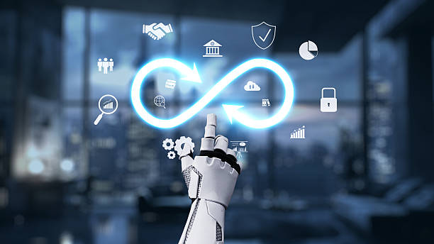 istock Futuristic Robot Hand Interacting with Digital Icons Representing Technology, Innovation, Security, and Business in a Modern Office Environment. Auvana 2223156278