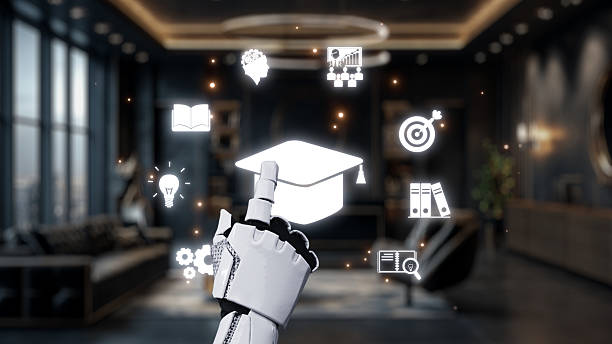 istock Futuristic robot hand interacting with educational icons in modern space, showcasing innovation and technology in learning, growth, and achievement. Auvana 2223156384