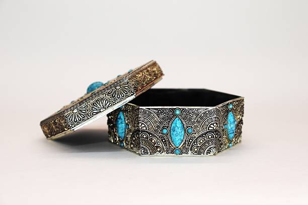 istock Ornate silver jewelry box with turquoise gemstones on white background 2223158156