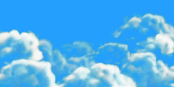 Halftone sky vector background. Polka dot clouds, blue abstract texture
