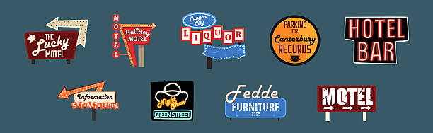 Classic American Signboards Retro Vintage Style Vector Set. Advertising Road Billboard and Direction Sign Collection