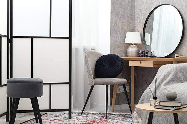 istock Mirror, dressing table, chairs and folding screen indoors. Interior design 2223173662