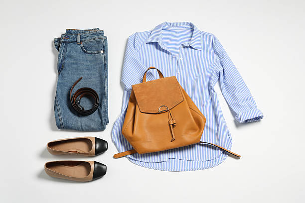 istock Stylish outfit with backpack on white background, flat lay 2223174090