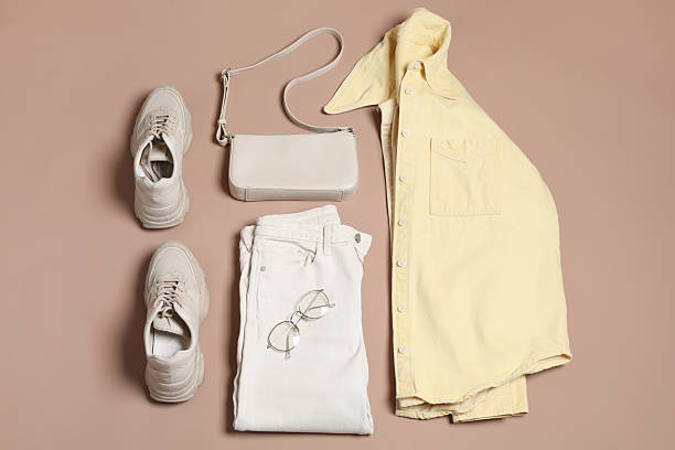 istock Stylish outfit with bag on brown background, flat lay 2223174176