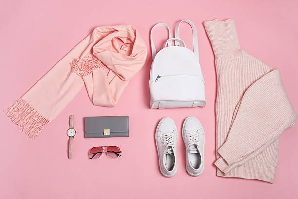 istock Stylish outfit with backpack on pink background, flat lay 2223174192