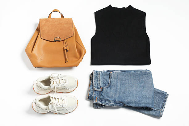istock Stylish outfit with backpack on white background, flat lay 2223174194