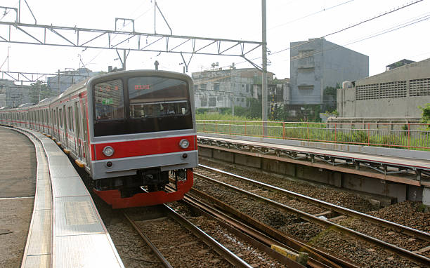 A dynamic image capturing passenger train moving across multiple railroad tracks in the afternoon, reflecting the pulse of urban life in a major city. The composition highlights the synchronization of public transportation systems amid the hustle of metropolitan routines. Perfect for concepts related to transit, infrastructure, big city mobility, or commuter culture in modern urban environments.