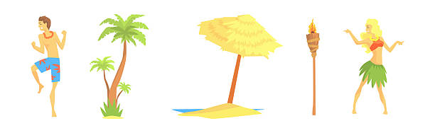 Hawaiian Party Symbol and Object Colorful Vector Set. Tropical Summer Paradise Holiday