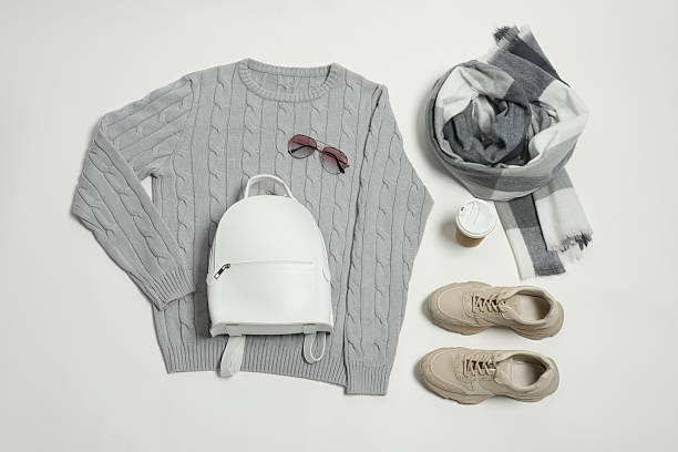 istock Stylish outfit with backpack on white background, flat lay 2223175194