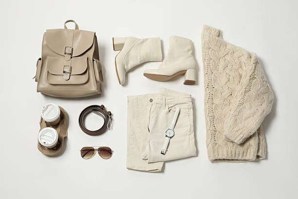istock Stylish outfit with backpack on white background, flat lay 2223175222