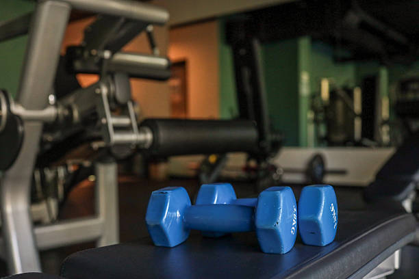 istock Pair of small blue hex dumbbells resting on a workout bench in a modern, empty gym; strength-training equipment blurred in the background 2223175608