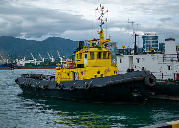 Tugboat Docked at Industrial Port with Mountain Backdrop. High quality photo