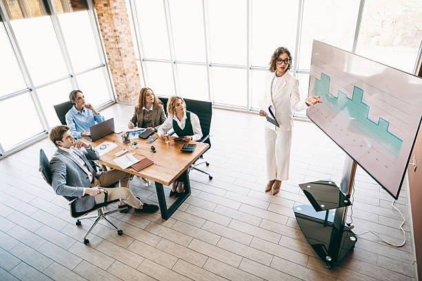 istock Professional business team collaborates in modern office during presentation showcasing data for corporate project success 2223176264