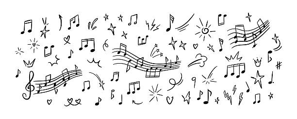 Set of hand drawn doodle music notes. Handwriting crayon scribble. Musical symbols sketch. Childish melody background. Whimsical chalk kid pattern. Classic concert poster design